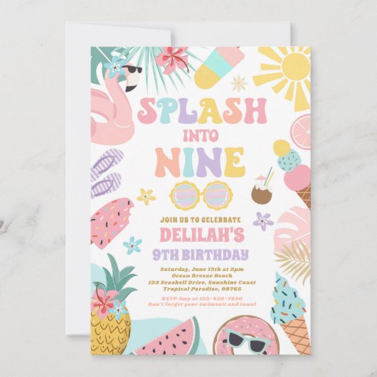 Splash in neun tropischen Strand 9th Birthday Part Einladung (Vorderseite)
