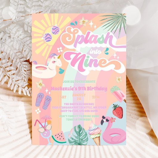 Splash Into Nine Summer Rainbow Sun 9th Birthday  Einladung