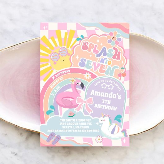 Splash Into Seven Pool Party Rainbow 7th Birthday  Einladung