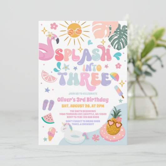 Splash Into Three Pool Party Summer 3rd Birthday Einladung (Stehend Vorderseite)