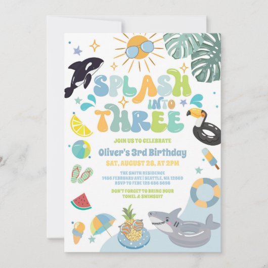 Splash Into Three Pool Party Summer 3rd Birthday  Einladung (Vorderseite)