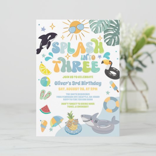 Splash Into Three Pool Party Summer 3rd Birthday  Einladung (Stehend Vorderseite)