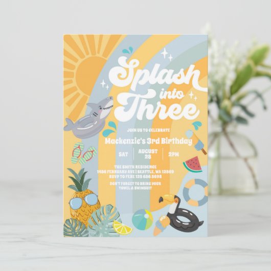 Splash Into Three Summer Rainbow Sun 3rd Birthday  Einladung (Stehend Vorderseite)