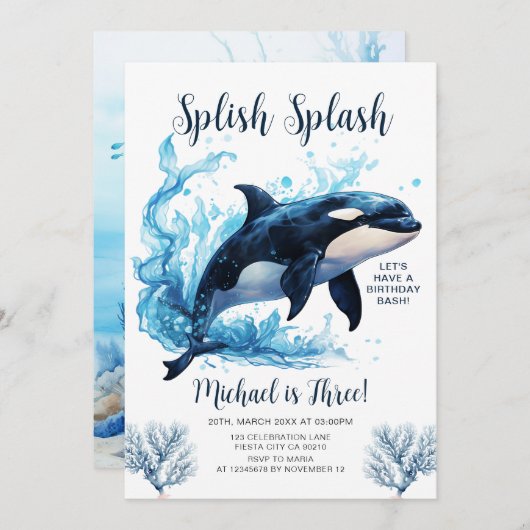 Splash Killer Whale Boy Ocean Birthday Einladung (Vorne/Hinten)