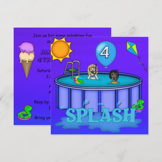 "Splash" Pool Party 4. Geburtstag Einladung (Vorne/Hinten)