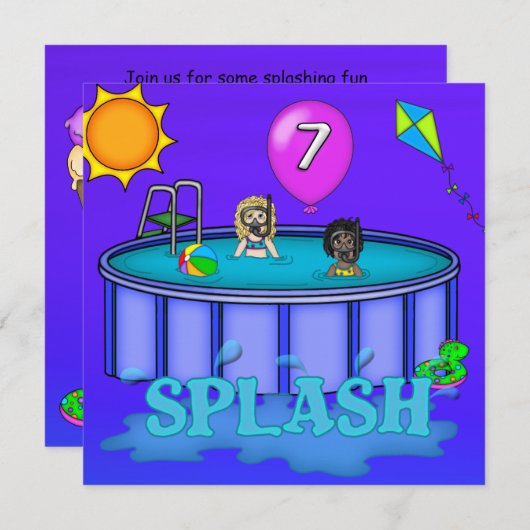 "Splash" Pool Party 7. Geburtstag Einladung (Vorne/Hinten)