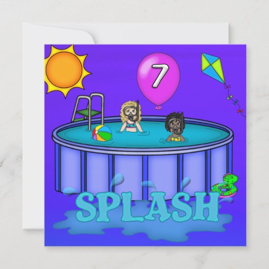 "Splash" Pool Party 7. Geburtstag Einladung (Vorderseite)