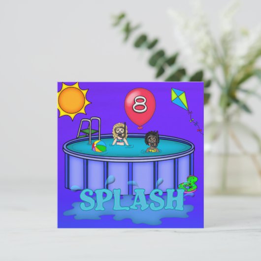 "Splash" Pool Party 8. Geburtstag Einladung (Stehend Vorderseite)