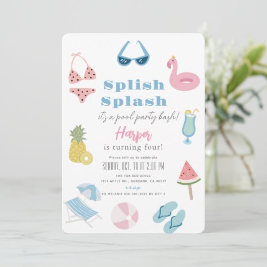 Splash Summer Pool Party Girl Einladung (Stehend Vorderseite)