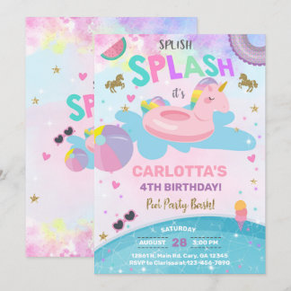 Splash unicorn Pool Party Geburtstag einladen. Einladung