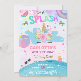 Splash unicorn Pool Party Geburtstag einladen. Einladung