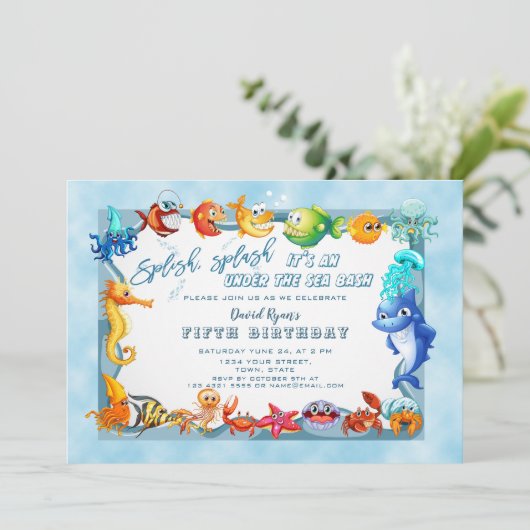 Splash unter dem Meeresjunge Einzigartig Geburtsta Einladung (Stehend Vorderseite)