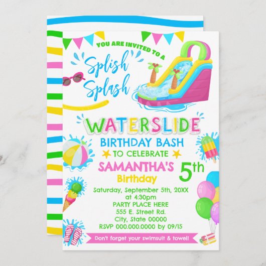 Splash Waterslide Geburtstag Pink Pool Party Einladung (Vorne/Hinten)