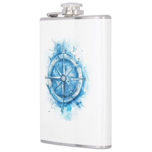 Splashed Compass - blaue künstlerische Aquarellfar Flachmann (Links)