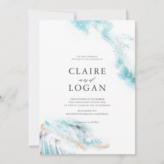 Splashing Blue Waves Coastal Hochzeit Einladung (Vorderseite)