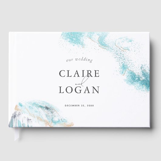 Splashing Blue Waves Coastal Wedding Gästebuch (Vorderseite)