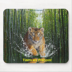 Splashing Tiger Cub & Bamboo Stream Mousemat Mousepad
