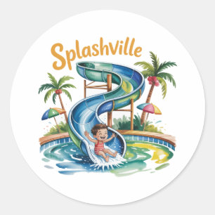 Splashville Water Slide Boy Birthday Party Runder Aufkleber
