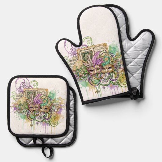 Splatter Mardi Gras collage Ofenhandschuh & Topflappen-Set (Vorderseite/Rückseite)