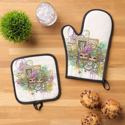 Splatter Mardi Gras collage Ofenhandschuh & Topflappen-Set (Oben Unten)