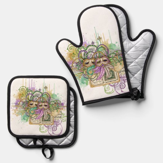 Splatter Mardi Gras collage Ofenhandschuh & Topflappen-Set (Vorderseite/Rückseite)