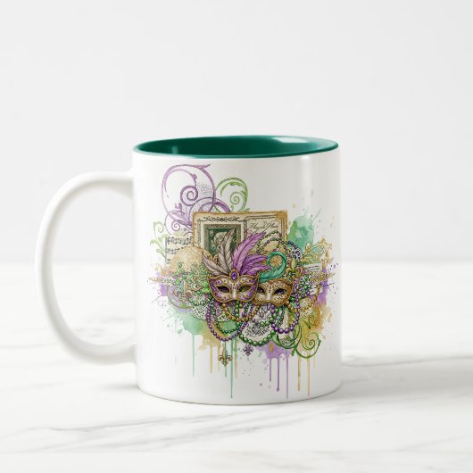 Splatter Mardi Gras collage Zweifarbige Tasse (Links)