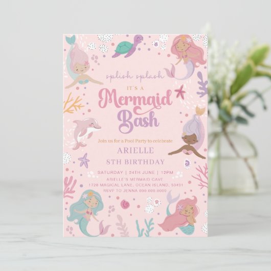 Splish Splash 8. Geburtstag Meerjungfrau Einladung (Stehend Vorderseite)