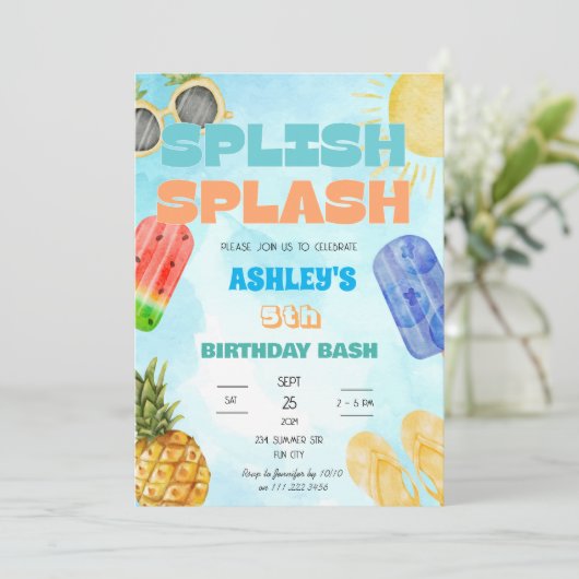 Splish Splash Birthday Bash Boy Pool Party Einladung (Stehend Vorderseite)