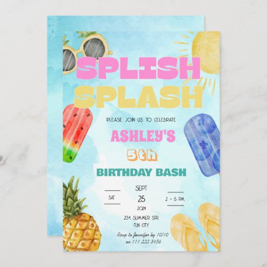 Splish Splash Birthday Bash Girl Pool Party Einladung (Vorne/Hinten)