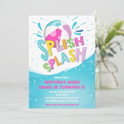 Splish Splash Birthday Bash Girl Pool Party Einladung (Stehend Vorderseite)