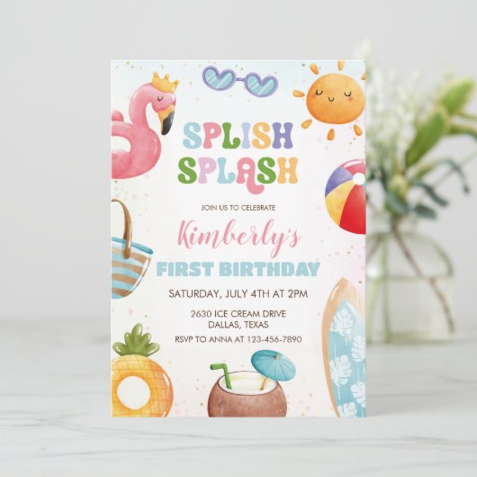 Splish Splash Birthday Bash Girl Pool Party Einladung (Stehend Vorderseite)
