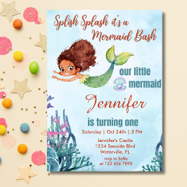 Splish Splash Brown Mermaid Bash Girl 1. Geburtsta Einladung