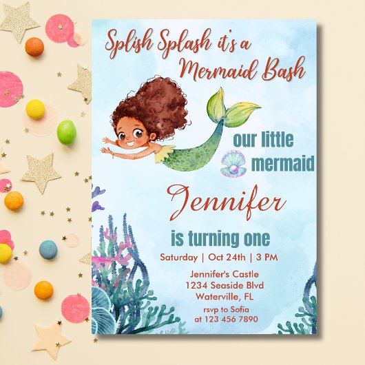 Splish Splash Brown Mermaid Bash Girl 1. Geburtsta Einladung