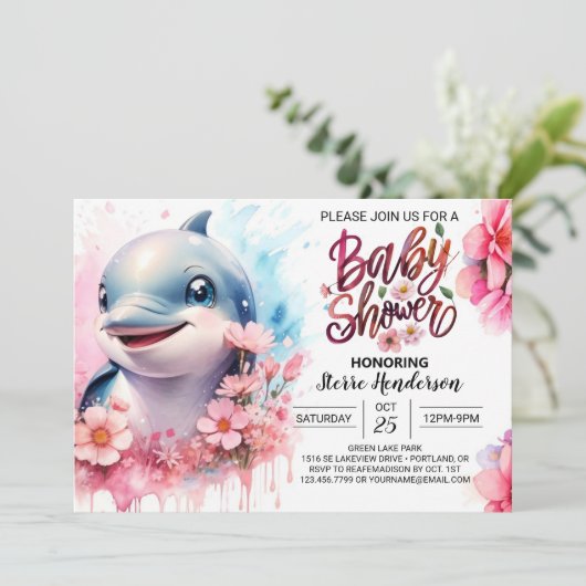 Splish-Splash Dolphin Girl Babydusche Einladung (Stehend Vorderseite)