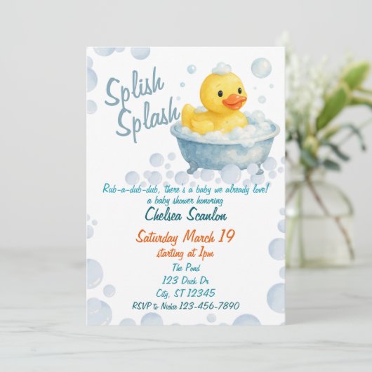 Splish Splash Ducky Babydusche Einladung (Stehend Vorderseite)