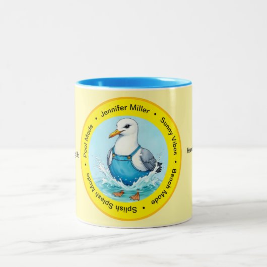 Splish Splash funny summer Seagull vacation Zweifarbige Tasse (Mittel)
