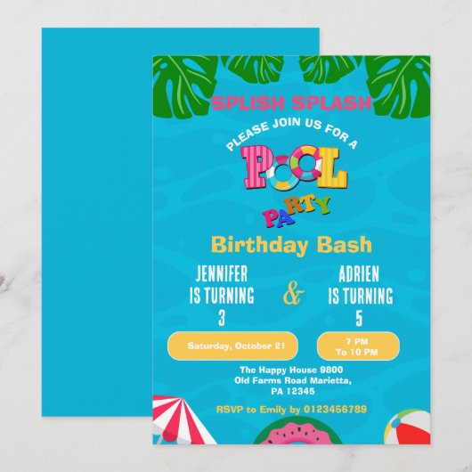 Splish Splash Gemeinsame Poolparty Geburtstag Einladung (Vorne/Hinten)