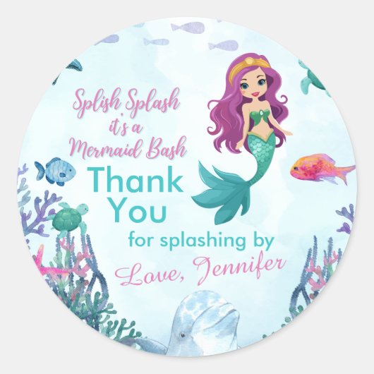 Splish Splash Lila Mermaid Bash Vielen Dank Runder Aufkleber (Vorderseite)