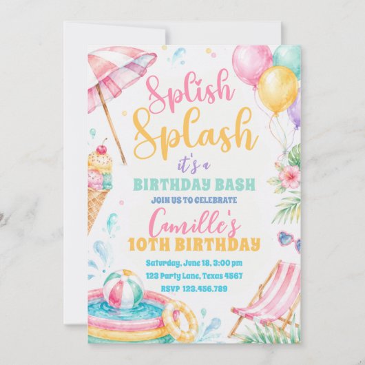 Splish Splash Mädchen Sommer-Party Geburtstag  Einladung (Vorderseite)