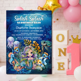 Splish Splash Mermaid 1. Geburtstag Bash Einladung