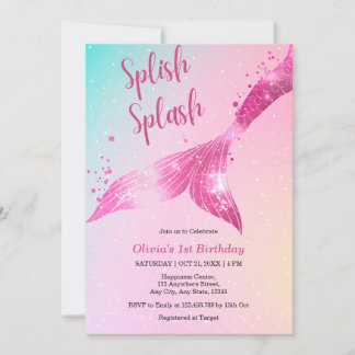 Splish Splash Mermaid Baby Girl 1. Geburtstag Einladung