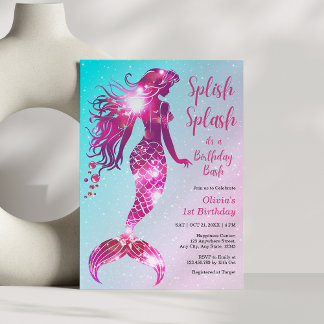 Splish Splash Mermaid Baby Girl 1. Geburtstag Einladung
