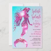 Splish Splash Mermaid Baby Girl 1. Geburtstag Einladung (Vorderseite)