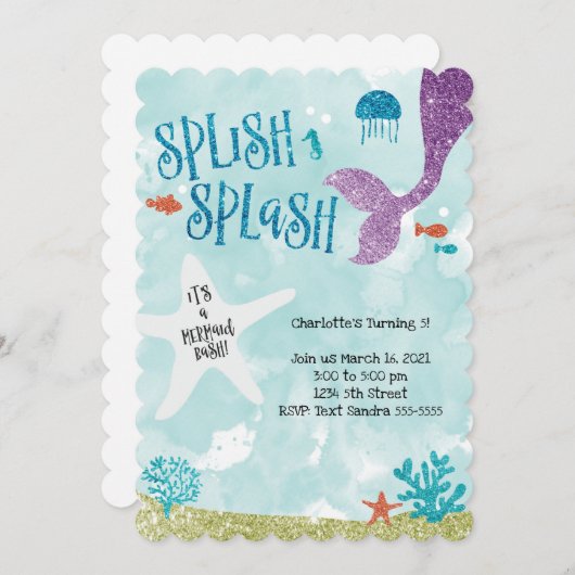 Splish Splash Mermaid Bash Birthday Einladung  (Vorne/Hinten)