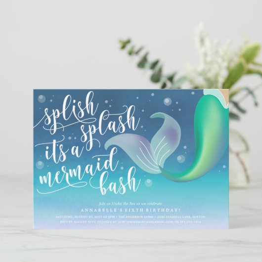 Splish Splash Mermaid Bash Birthday Einladung (Stehend Vorderseite)