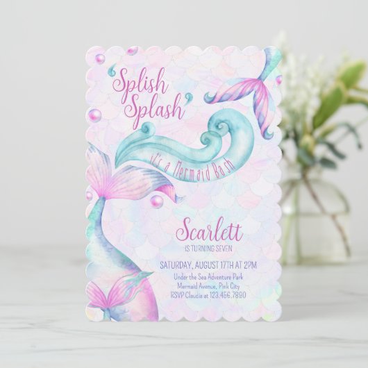 Splish Splash Mermaid Bash Girl Birthday Party Einladung (Stehend Vorderseite)