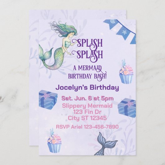 Splish Splash Mermaid Birthday Bash Einladung (Vorne/Hinten)