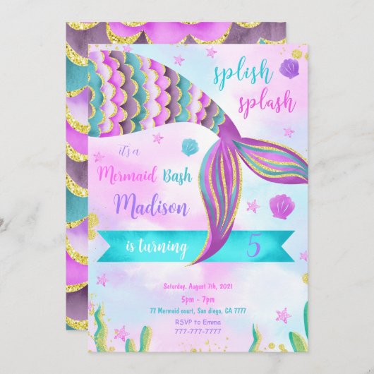 Splish Splash Mermaid Birthday Einladung (Vorne/Hinten)