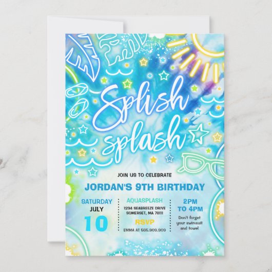 Splish Splash Pool Geburtstagsparty Gefärbte Krawa Einladung (Vorderseite)