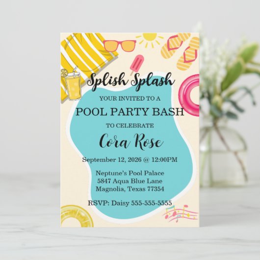 Splish Splash Pool Party Bash Birthday Einladung (Stehend Vorderseite)